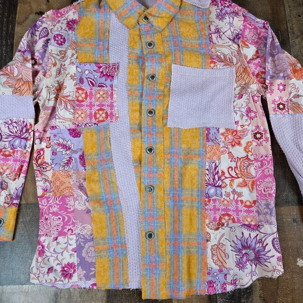 Anthropologie POL Women Medium Patchwork Plaid Floral Button Shirt Boho Festival - Picture 4 of 11